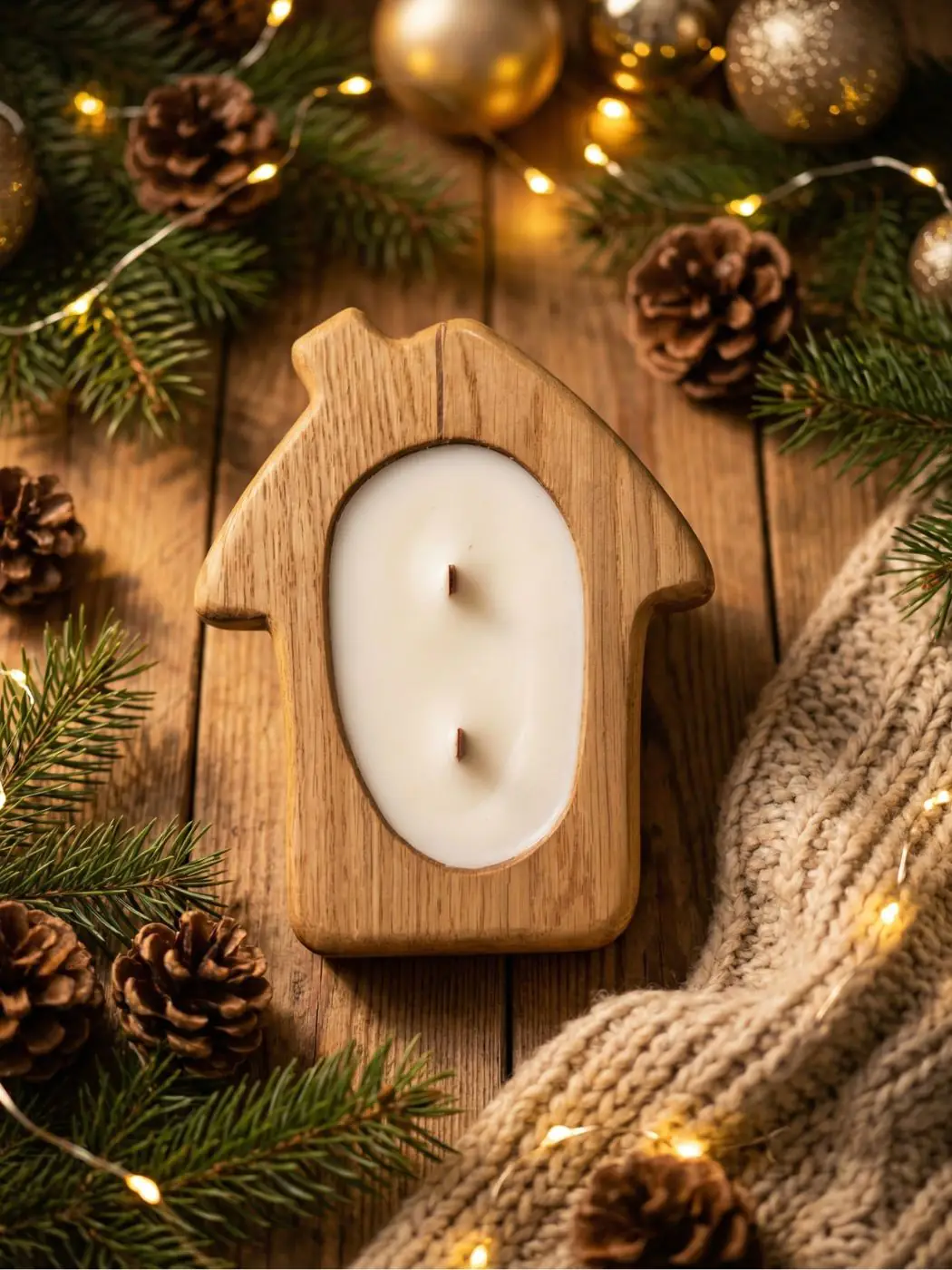 Rankų darbo medinė žvakė namelio formos Rankų darbo medinė žvakė namelio formos